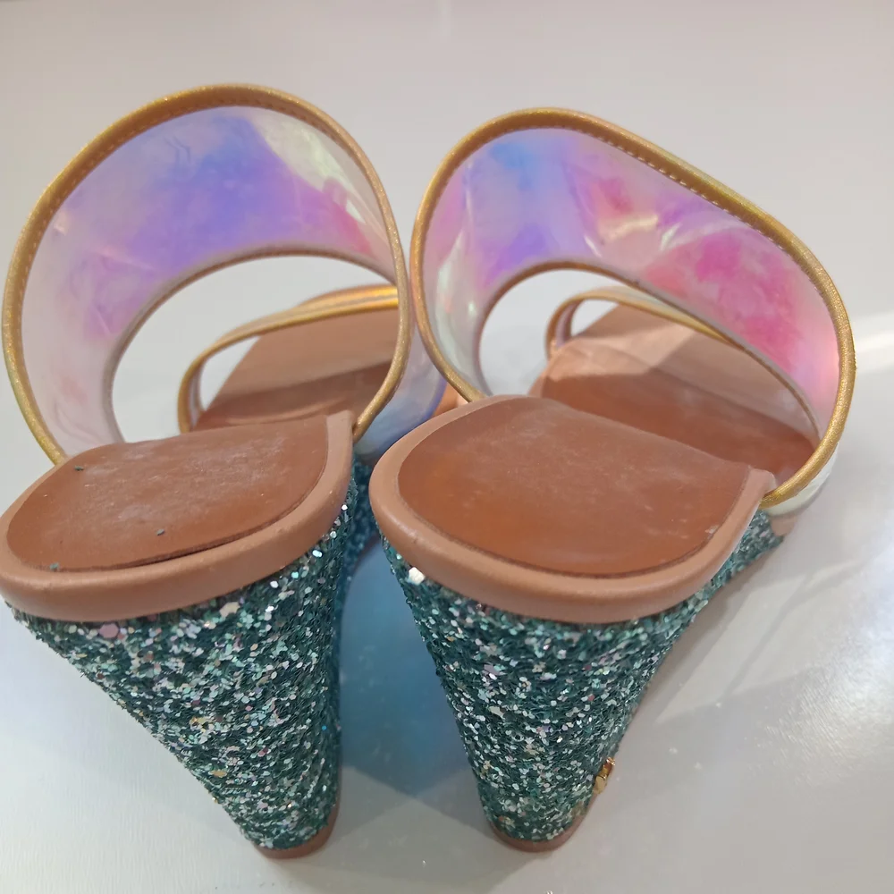 Kurt Geiger Holographic and aqua Wedges size 7.5US  38 EU
